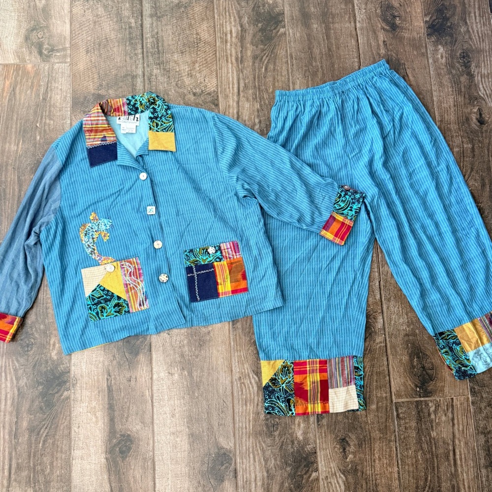 Faith by Celia Forrester VTG 90s Koi Patchwork Artwear Pant Set , Teal Multi, XL